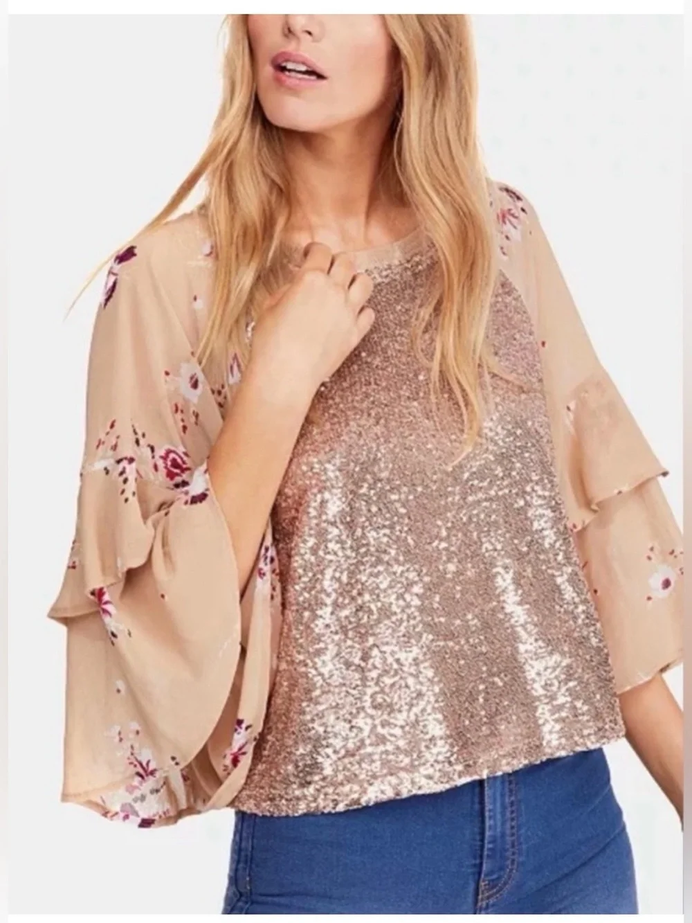 Free People Shimmy & Shake Sequined Floral Bell Sleeve Pullover Top